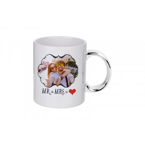 Cana albă din ceramică cu mâner de sublimare argintie. Photo 2